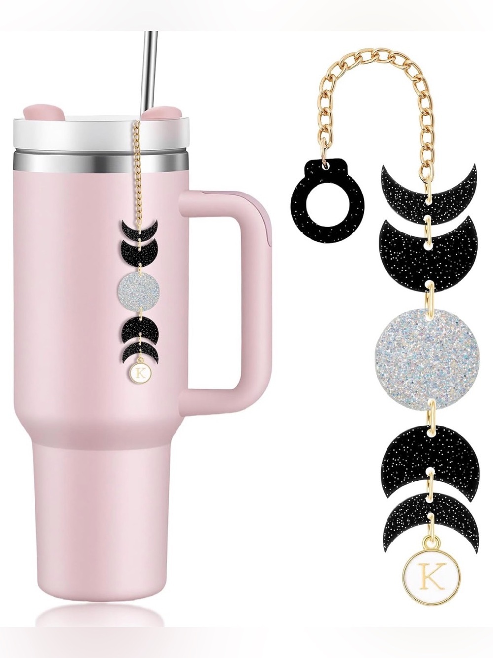 NWT Moon Phase Glitter Stanley Tumbler Charm - Black & Silver